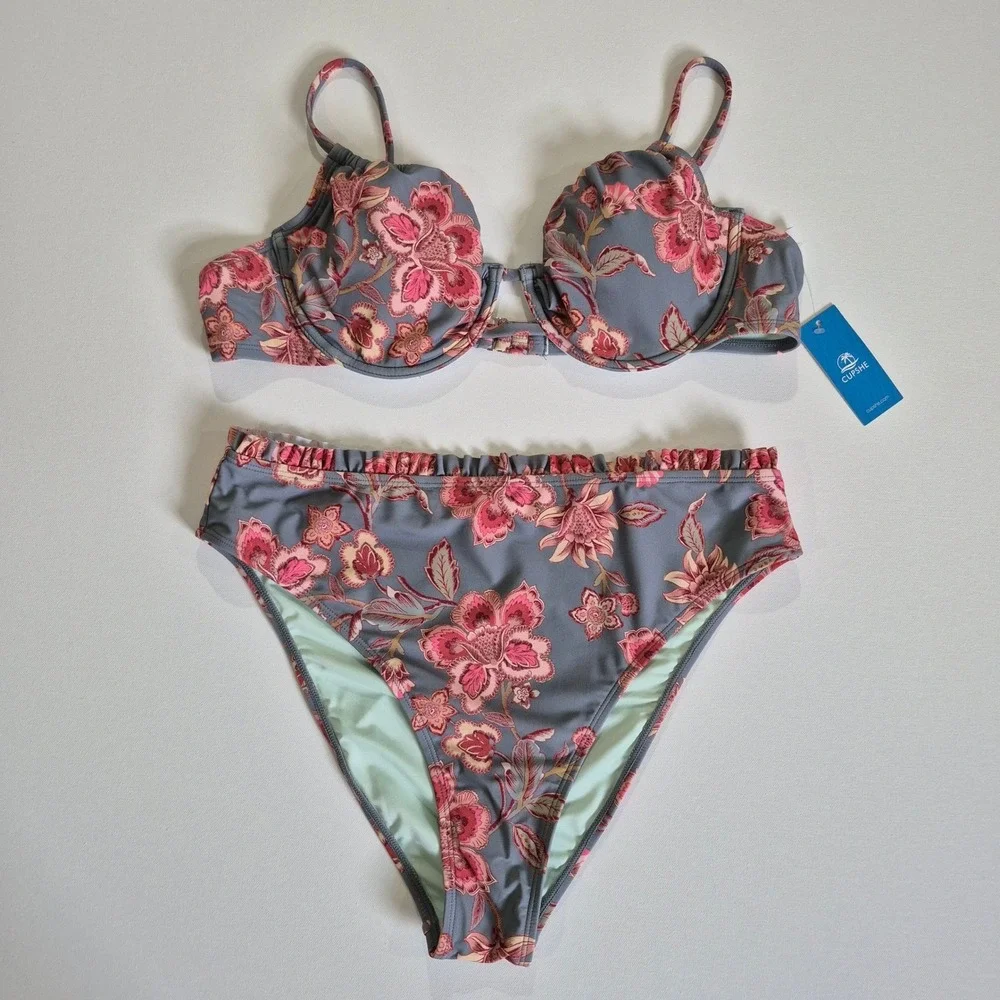 Cupshe Womens Floral Underwire Bikini Set High Waisted Ruffle Grey Pink New